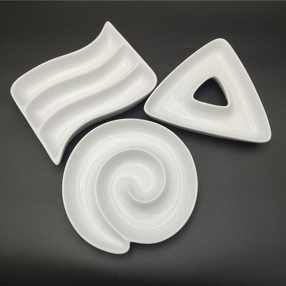 Crate & Barrel Appetizer Snack Dishes White Porcelain Party Set of 3 Plate Trays - Picture 11 of 13
